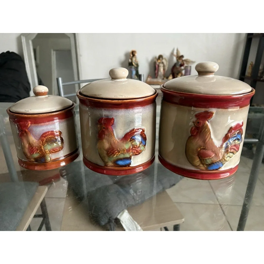Vintage Ceramic Rooster Canister Set of 3 Drip Glaze Farmhouse Kitchen Jars
